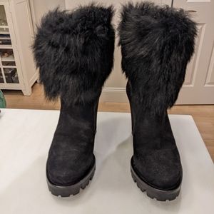 Prada suede boots with fur on top.